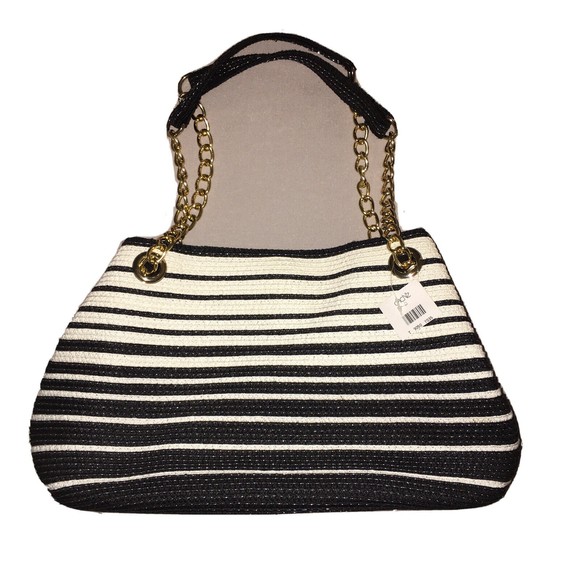 Caché Bags Cach Black And White Striped Straw Shoulder Bag Gold